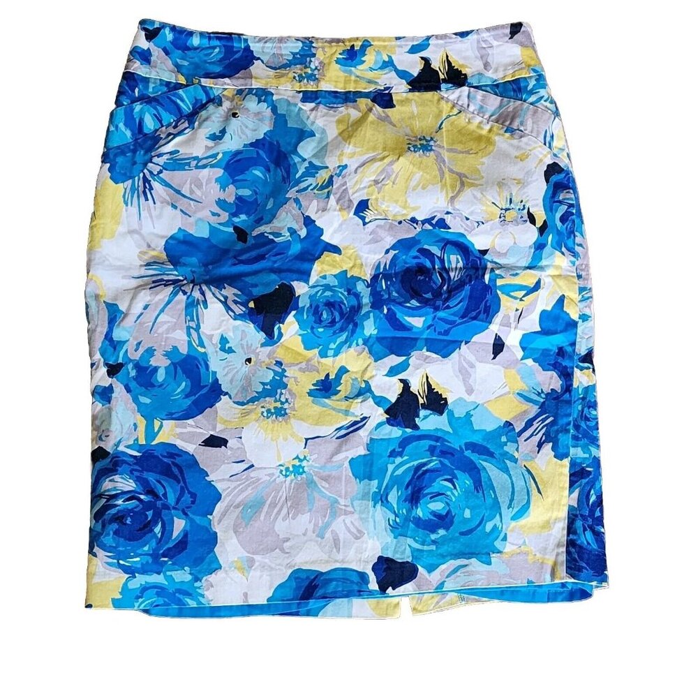 Charter Club Skirt Womens Size 10 Blue Yellow Floral‎ Zip Back Pencil w Pockets